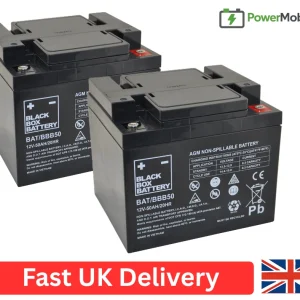 50ah 12v battery pair Mobility scooter batteries. Black Box battery reliable UK delivery
